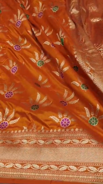 Orange Banarasi Silk Saree with Floral Zari Buta | Festive & Wedding Wear