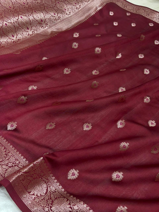Wine Maroon Chiniya Silk Saree with Silver Zari Border