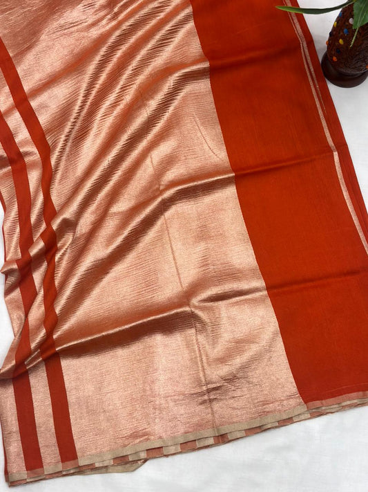 Rust Orange Pure Moonga Silk Stripe Saree with Gold Zari Stripes