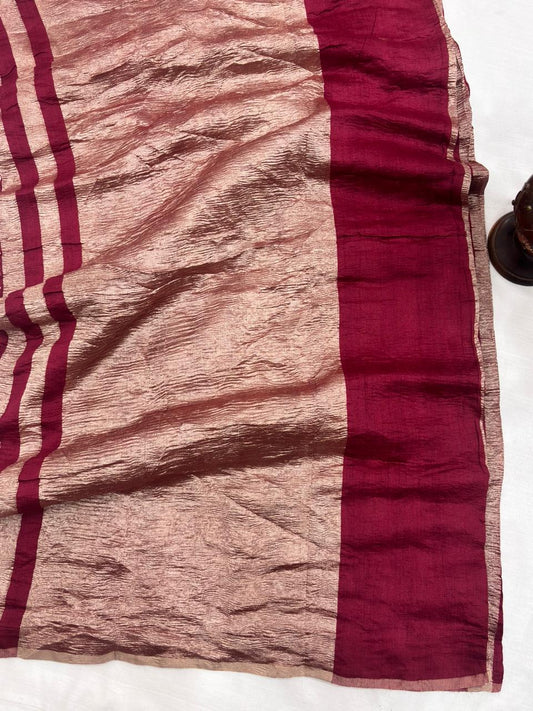 Wine Red Pure Moonga Silk Stripe Saree with Golden Zari Texture