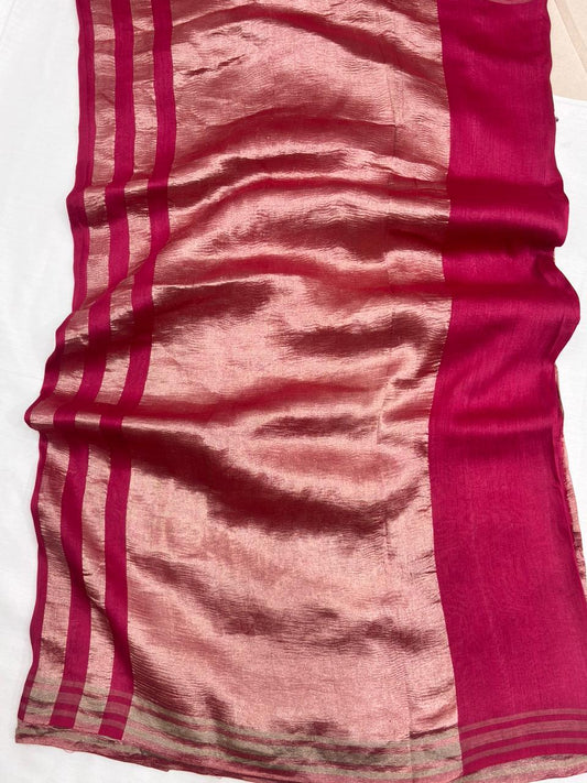 Rani Pink Pure Moonga Silk Stripe Saree with Gold Zari Stripes - Salam Silk Sarees