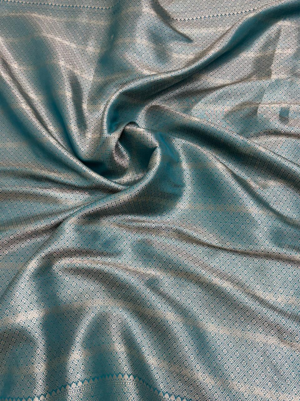 Teal Blue Chiniya Silk Saree with Silver Zari Border - Salam Silk Sarees