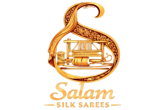 Logo of Salam Silk Sarees with a gold weaver's loom design on a white background