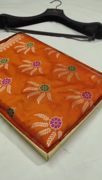 Orange Banarasi Silk Saree with Floral Zari Buta | Festive & Wedding Wear