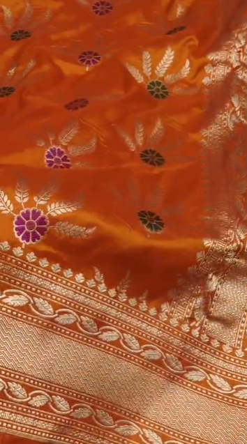 Orange Banarasi Silk Saree with Floral Zari Buta | Festive & Wedding Wear