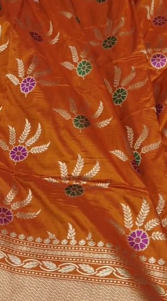 Orange Banarasi Silk Saree with Floral Zari Buta | Festive & Wedding Wear