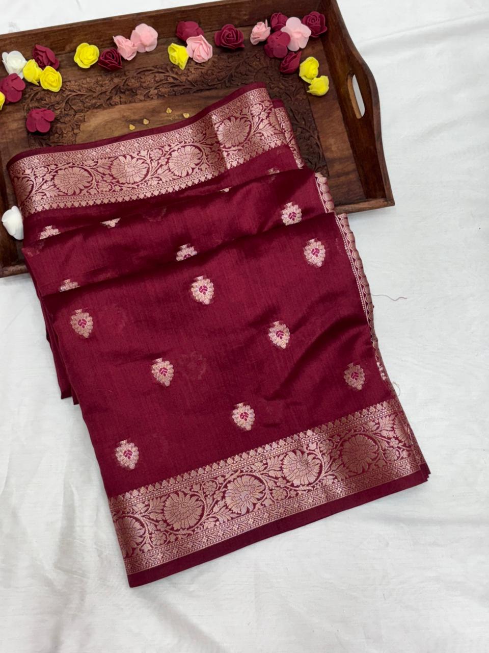 Wine Maroon Chiniya Silk Saree with Silver Zari Border