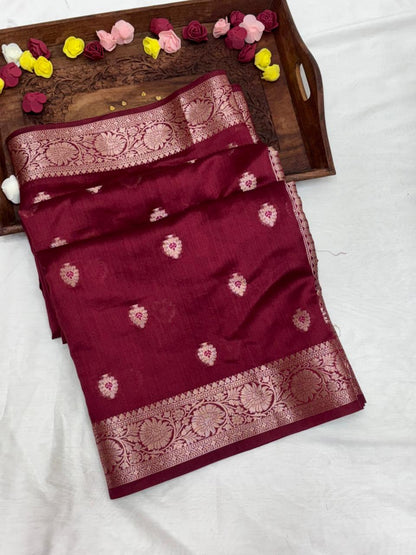 Wine Maroon Chiniya Silk Saree with Silver Zari Border