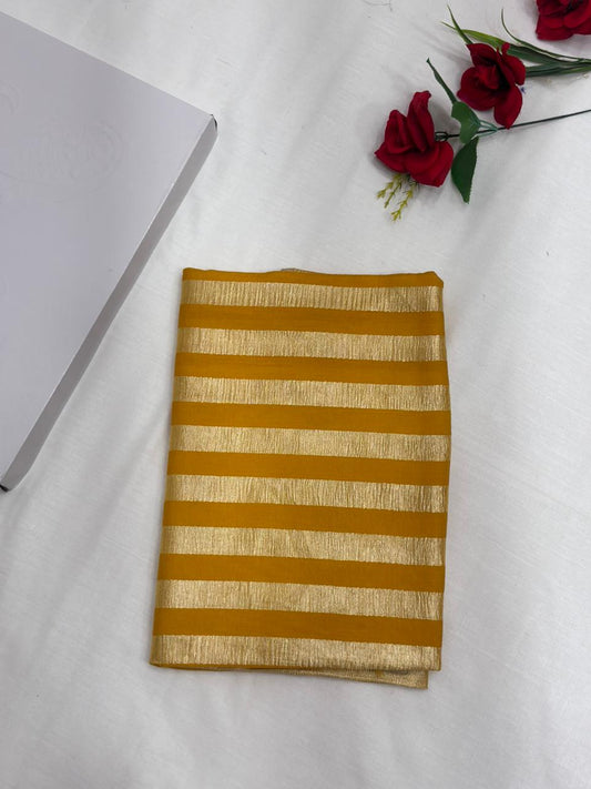 Mustard Pure Moonga Silk Stripe Saree with Gold Zari Stripes
