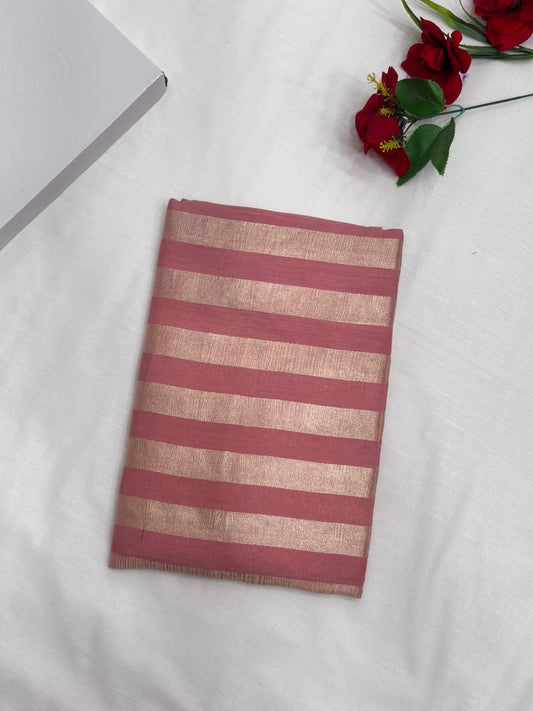 Pink Pure Moonga Silk Stripe Saree with Gold Zari Stripes