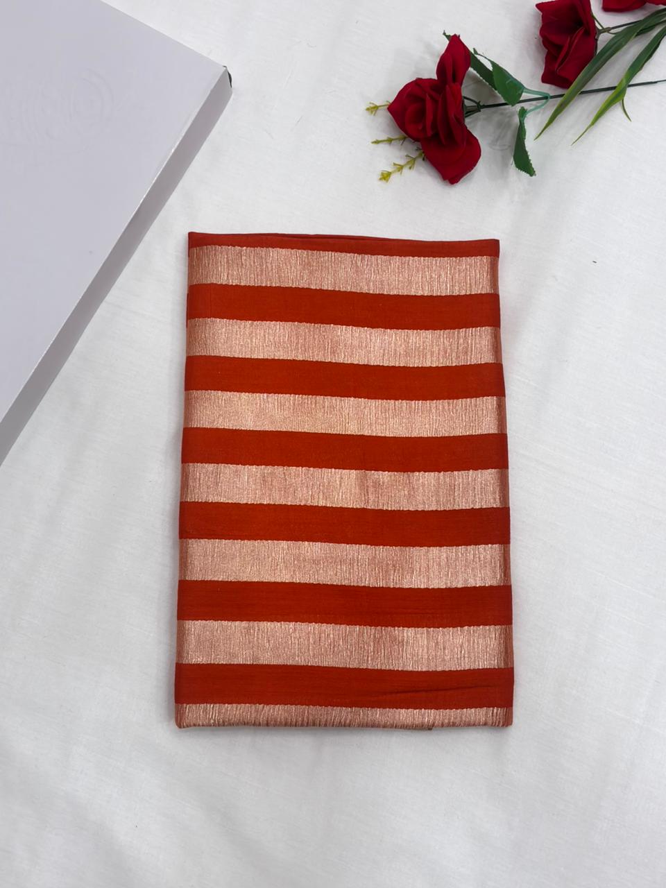 Rust Orange Pure Moonga Silk Stripe Saree with Gold Zari Stripes