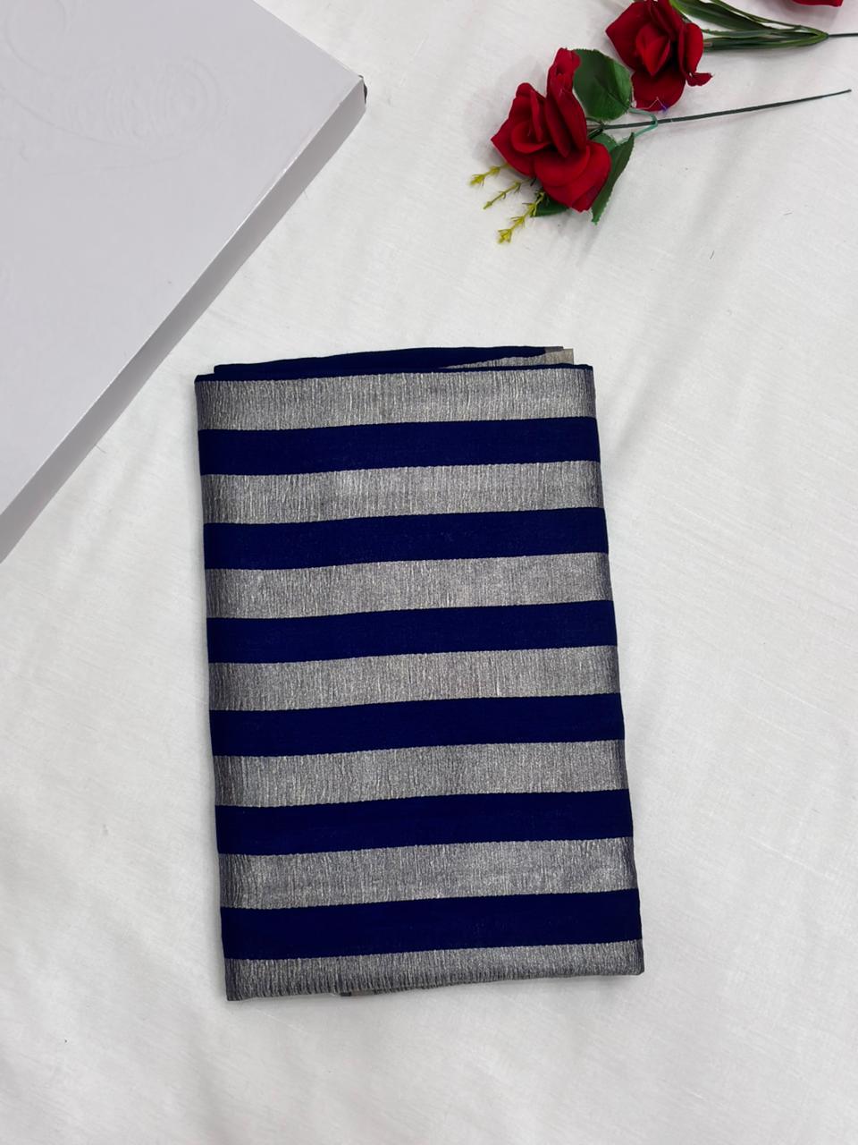Royal Blue Pure Moonga Silk Stripe Saree with Silver Zari Stripes