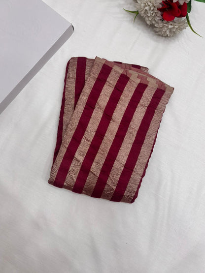 Wine Red Pure Moonga Silk Stripe Saree with Golden Zari Texture