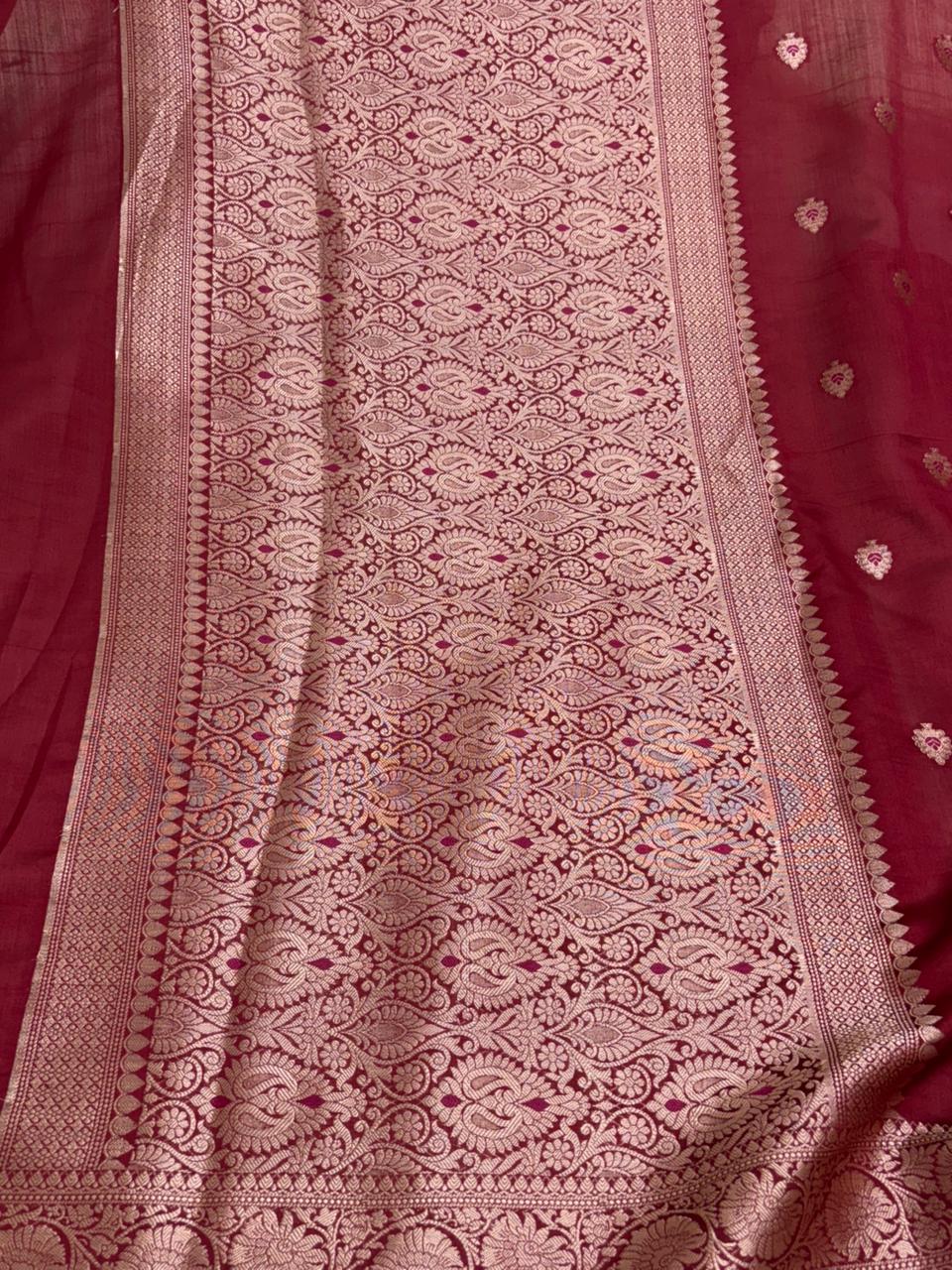 Wine Maroon Chiniya Silk Saree with Silver Zari Border