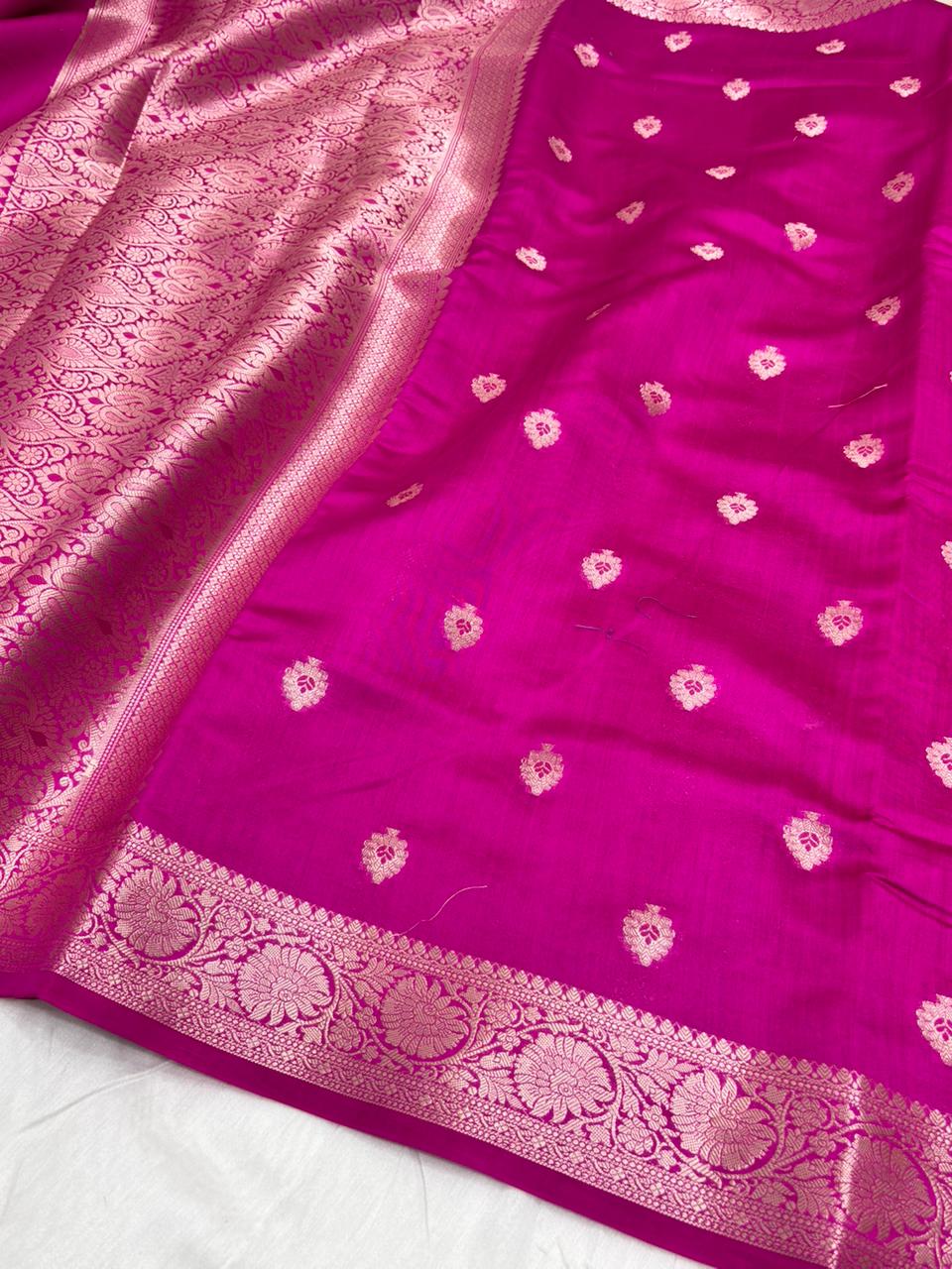Pure Chiniya Silk Saree in Rani Pink with Elegant Booti Weaving