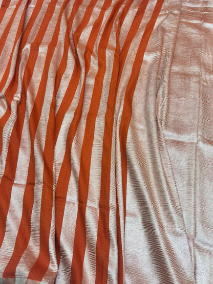 Rust Orange Pure Moonga Silk Stripe Saree with Gold Zari Stripes