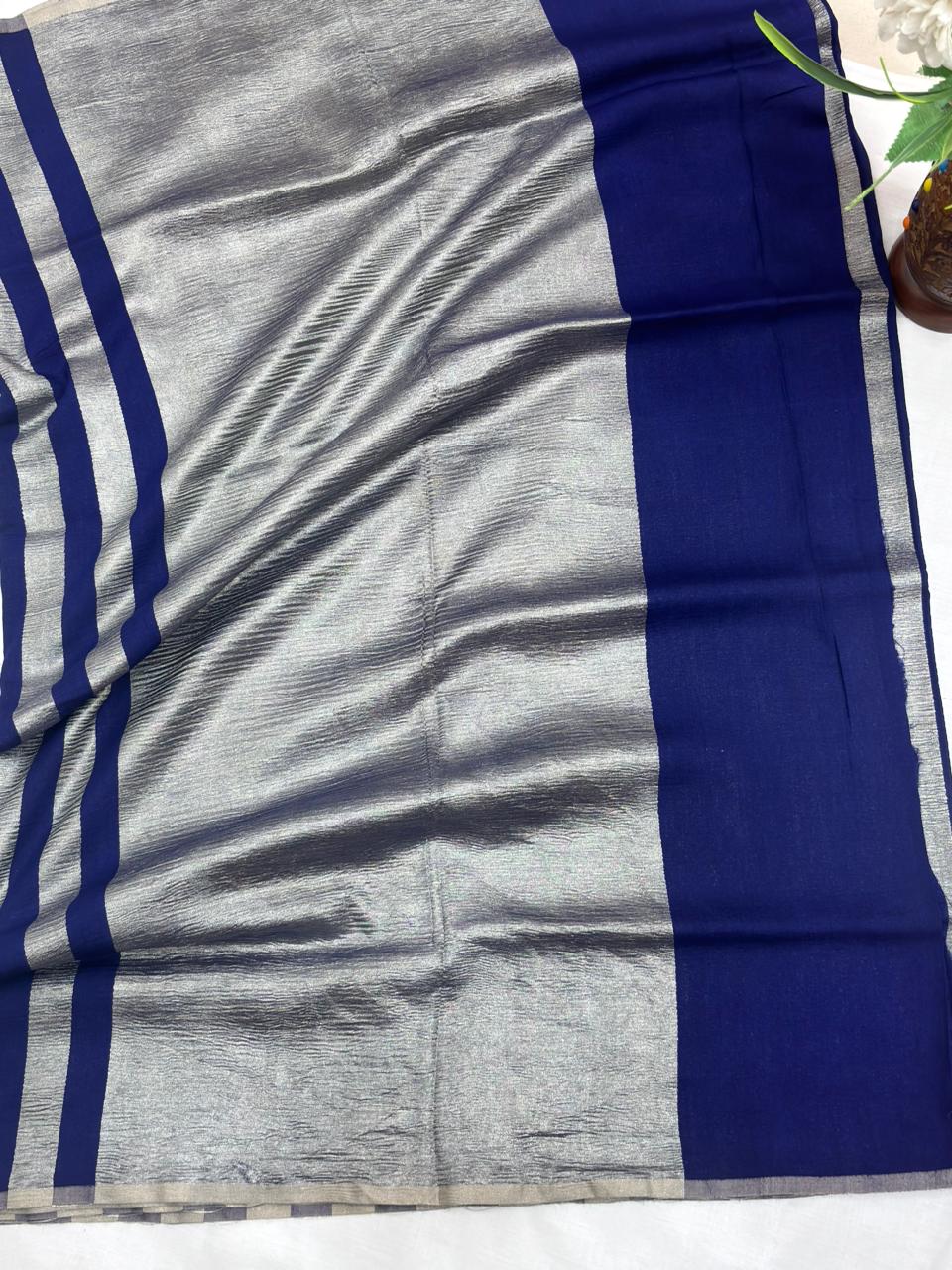 Royal Blue Pure Moonga Silk Stripe Saree with Silver Zari Stripes