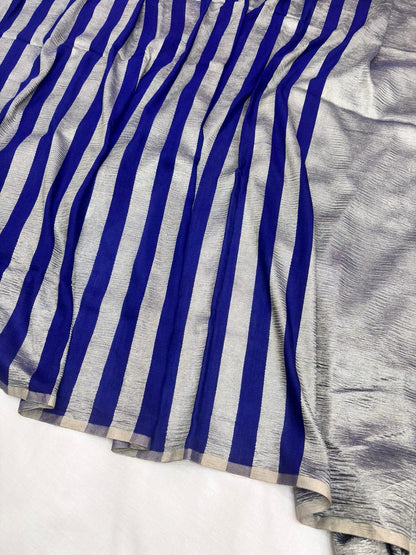 Royal Blue Pure Moonga Silk Stripe Saree with Silver Zari Stripes
