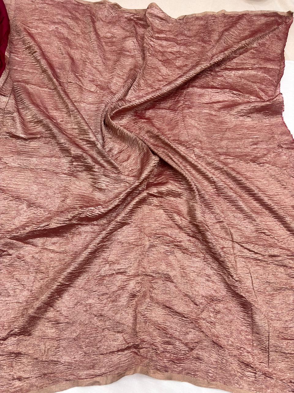 Wine Red Pure Moonga Silk Stripe Saree with Golden Zari Texture