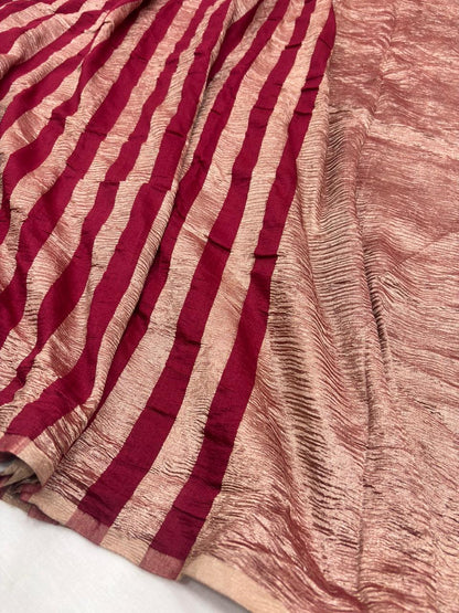 Wine Red Pure Moonga Silk Stripe Saree with Golden Zari Texture