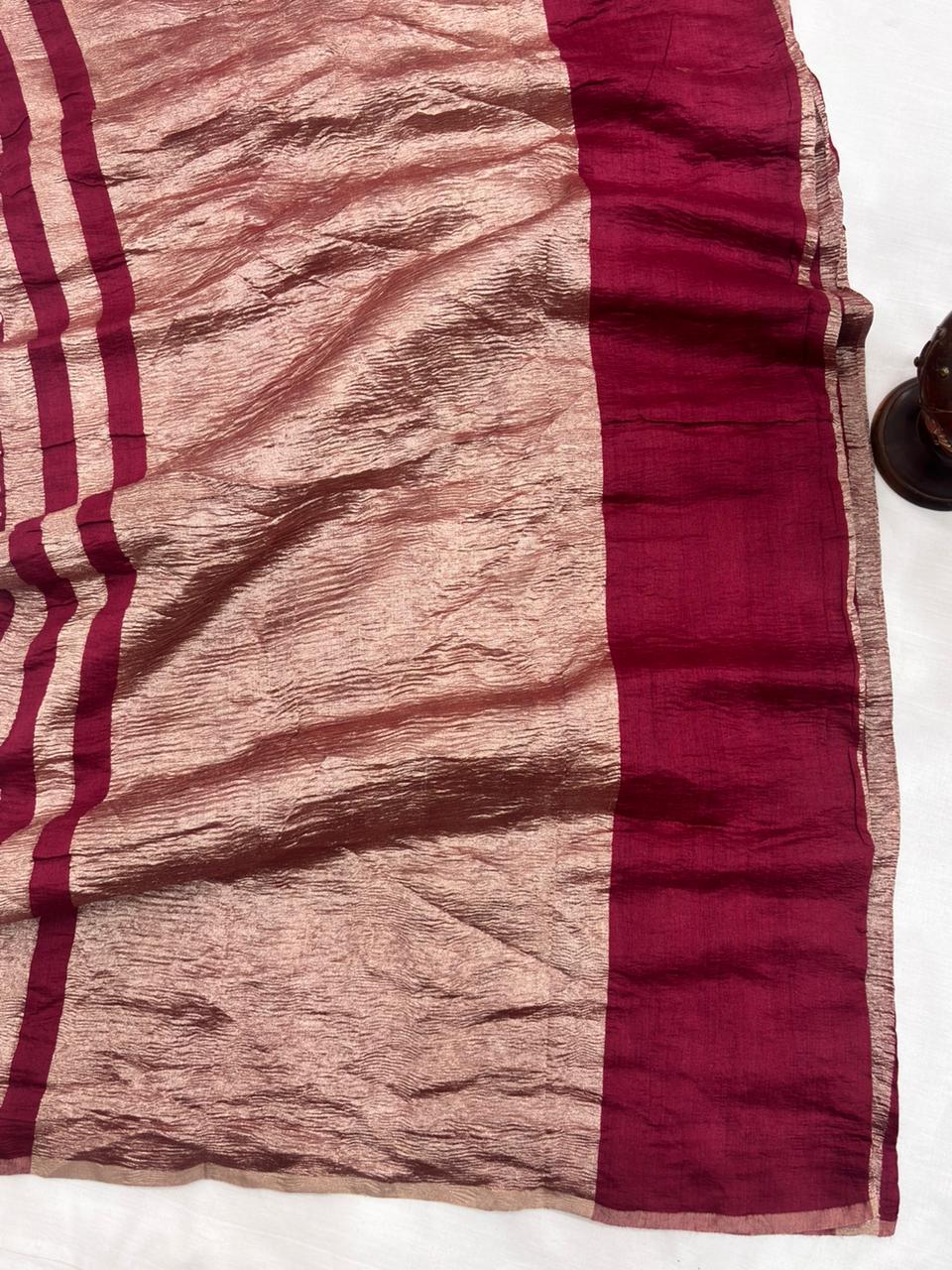 Wine Red Pure Moonga Silk Stripe Saree with Golden Zari Texture
