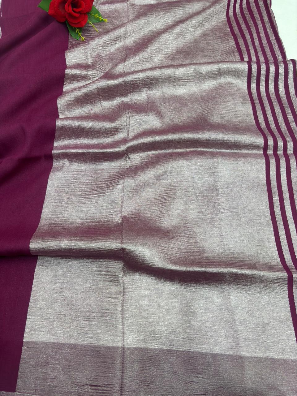 Magenta Pure Moonga Silk Stripe Saree with Golden Zari Texture