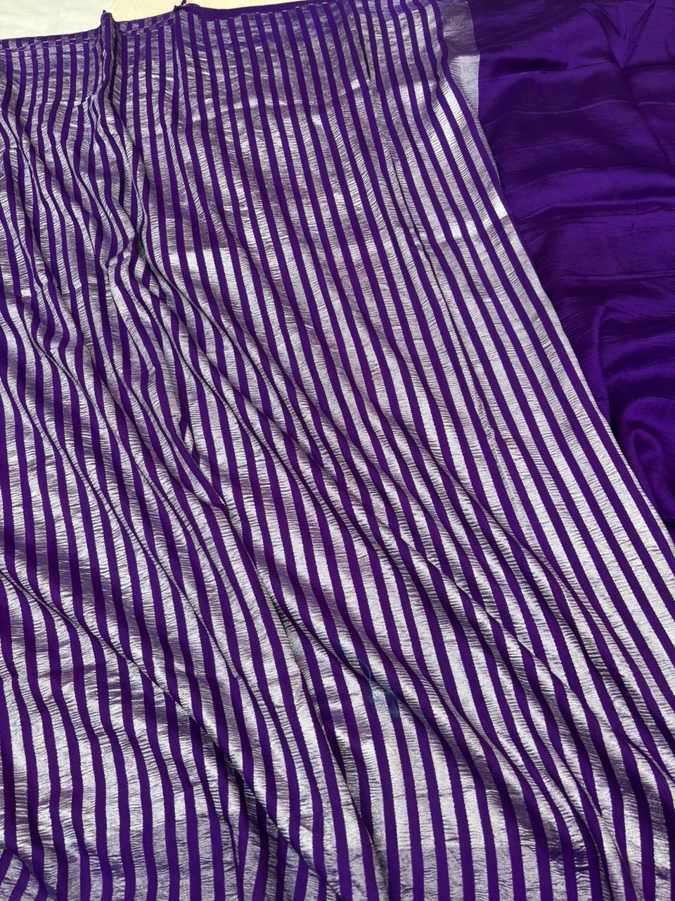 Royal Purple Pure Moonga Silk Stripe Saree with Silver Zari Texture