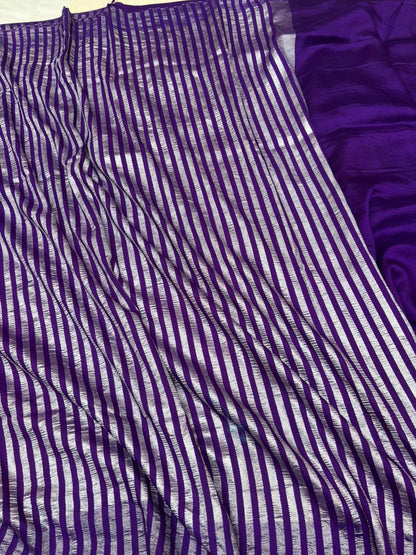 Royal Purple Pure Moonga Silk Stripe Saree with Silver Zari Texture