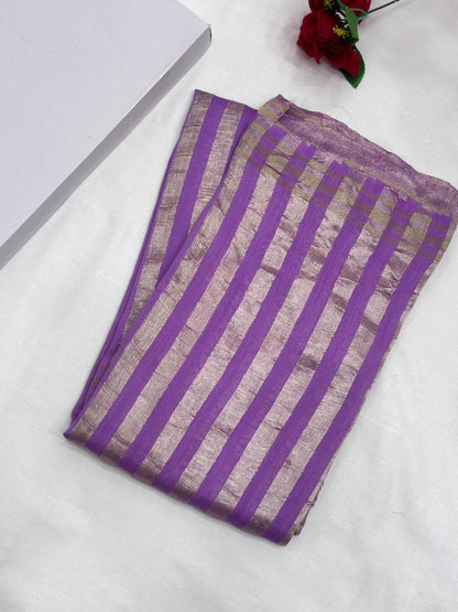 Lavender Pure Moonga Silk Stripe Saree with Golden Zari Texture - Salam Silk Sarees