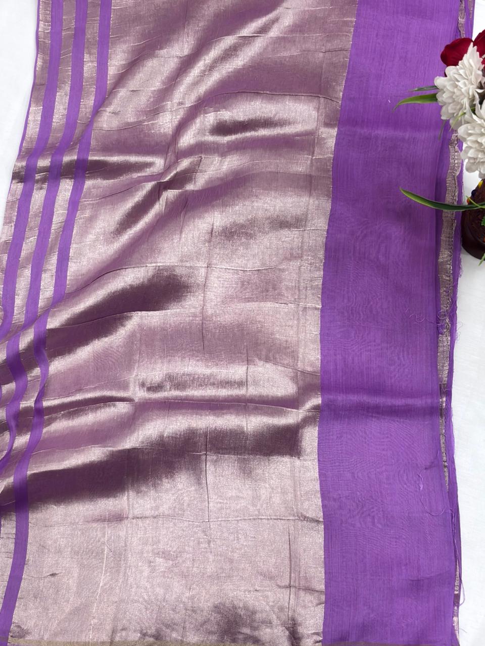 Lavender Pure Moonga Silk Stripe Saree with Golden Zari Texture - Salam Silk Sarees