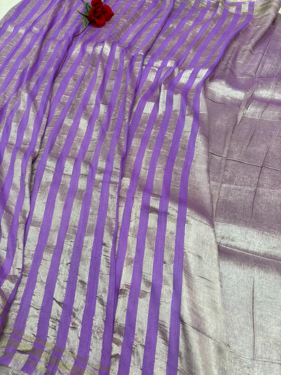 Lavender Pure Moonga Silk Stripe Saree with Golden Zari Texture - Salam Silk Sarees