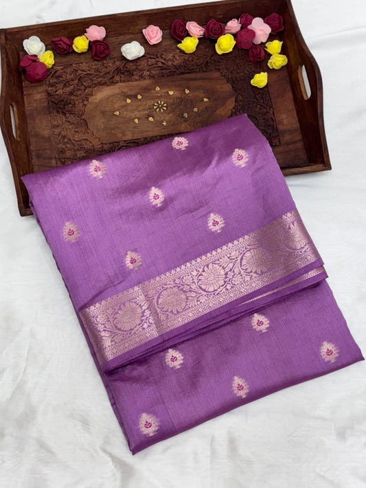 Lavender Purple Chiniya Silk Saree with Silver Zari Border - Salam Silk Sarees