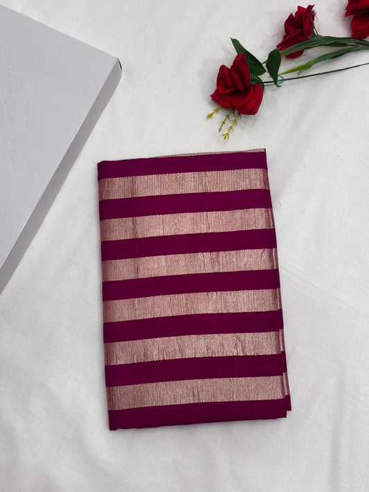 Magenta Pink Pure Moonga Silk Stripe Saree with Gold Zari Stripes - Salam Silk Sarees