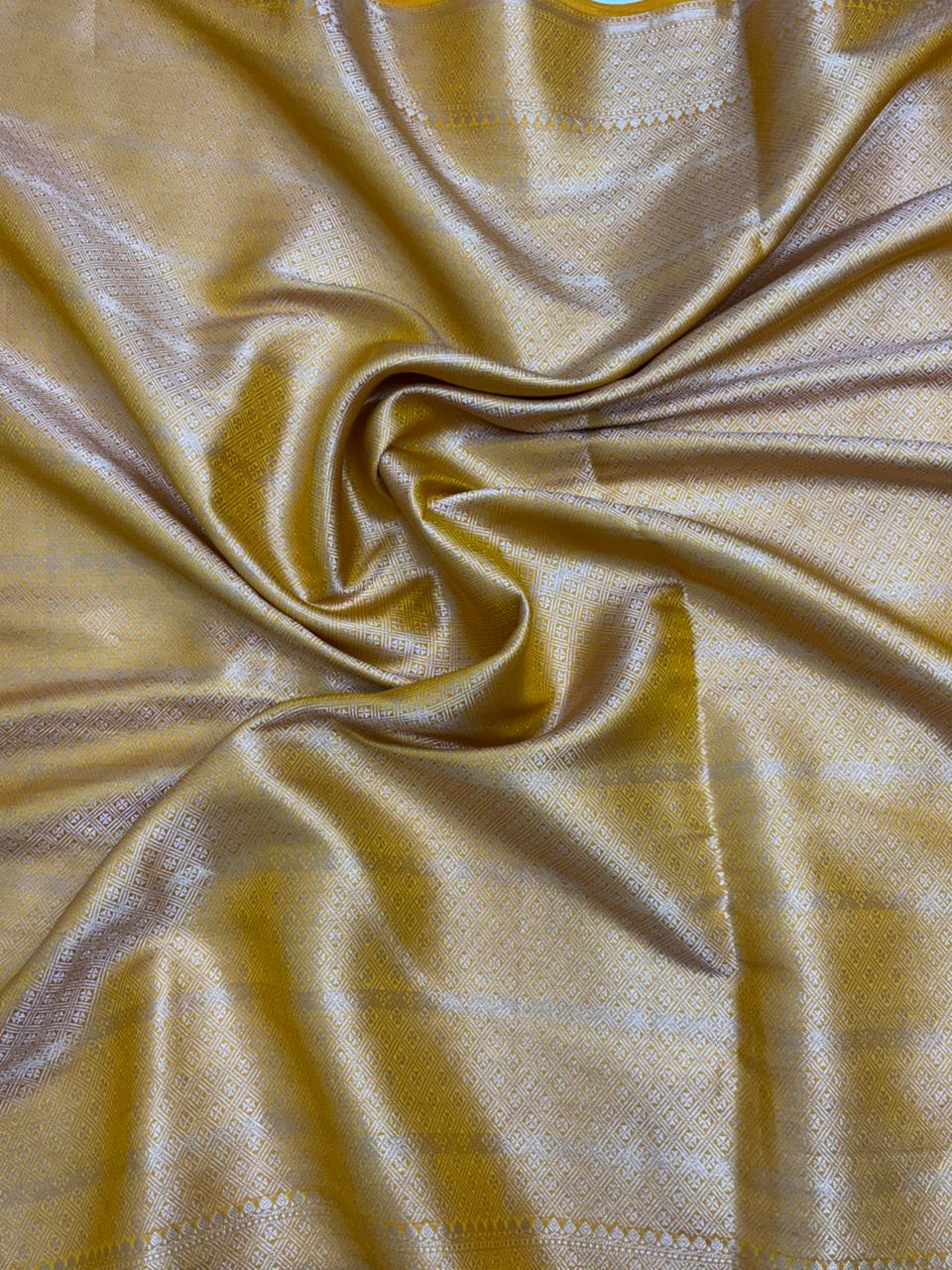 Mustard Yellow Chiniya Silk Saree with Silver Zari Border - Salam Silk Sarees