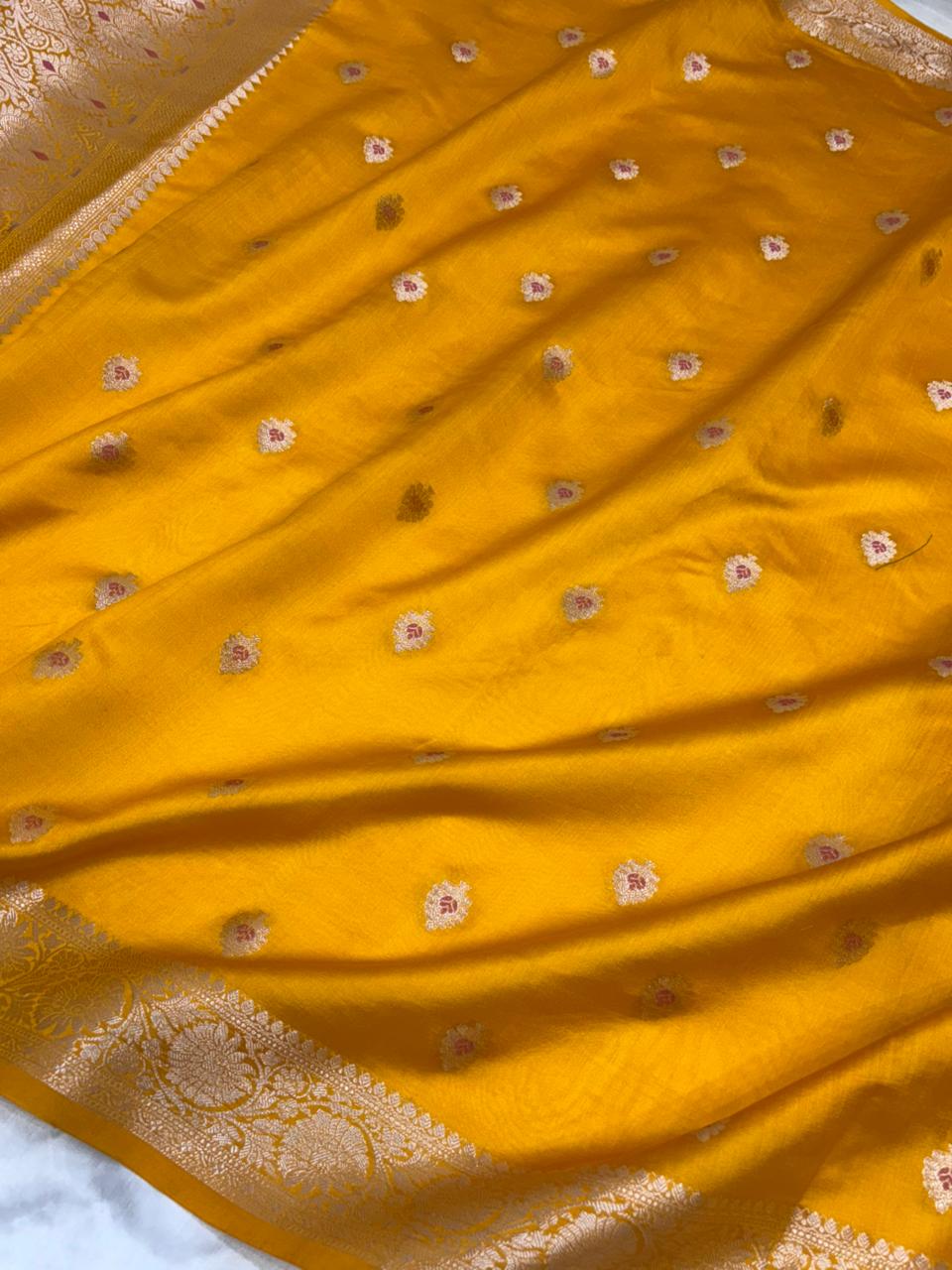 Mustard Yellow Chiniya Silk Saree with Silver Zari Border - Salam Silk Sarees