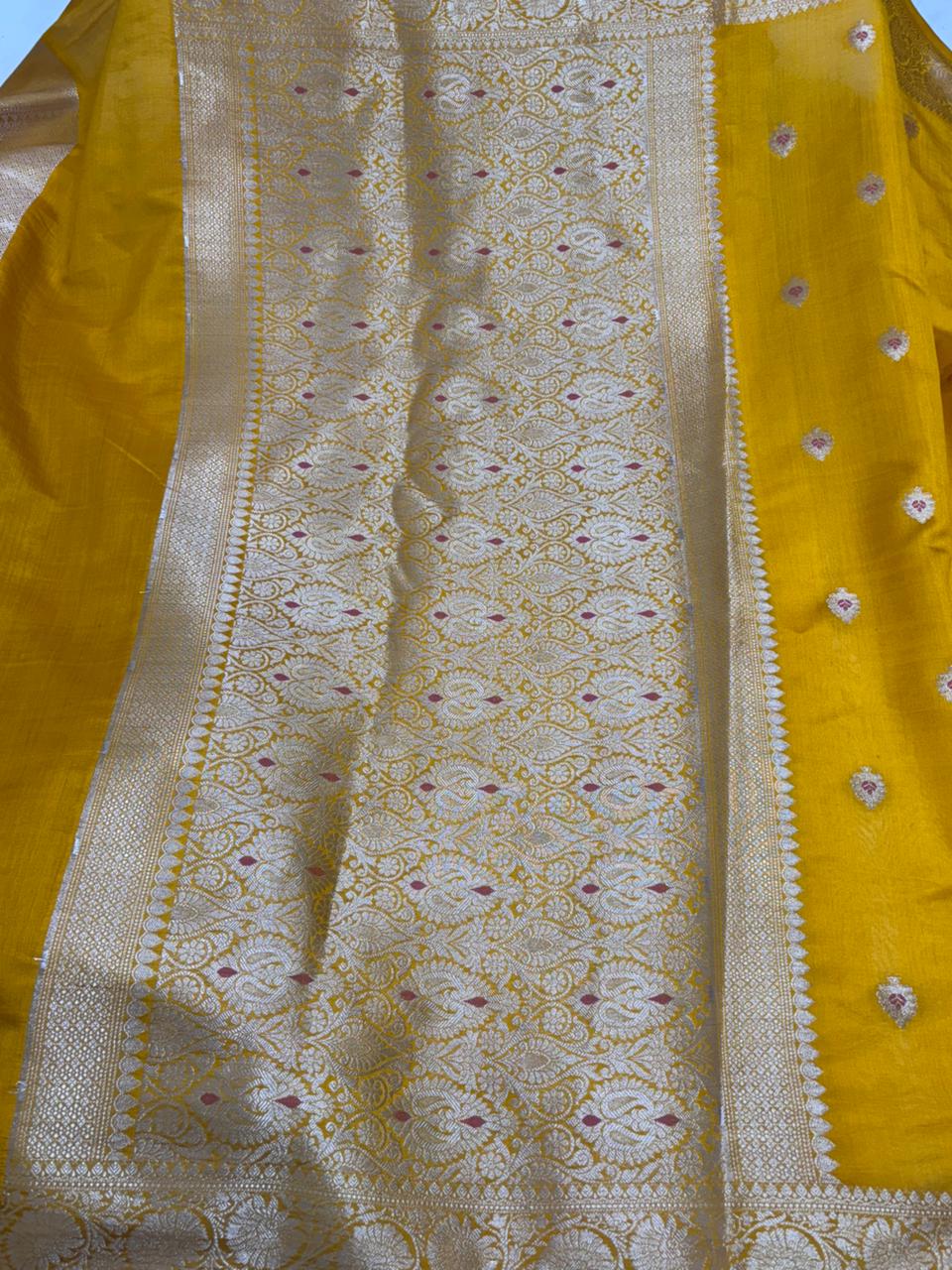 Mustard Yellow Chiniya Silk Saree with Silver Zari Border - Salam Silk Sarees
