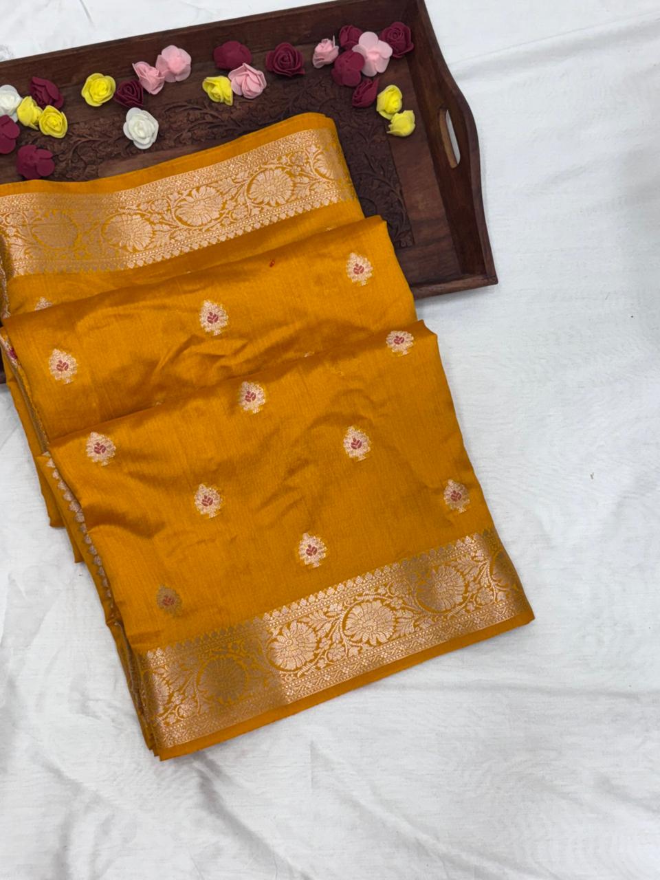 Mustard Yellow Chiniya Silk Saree with Silver Zari Border - Salam Silk Sarees
