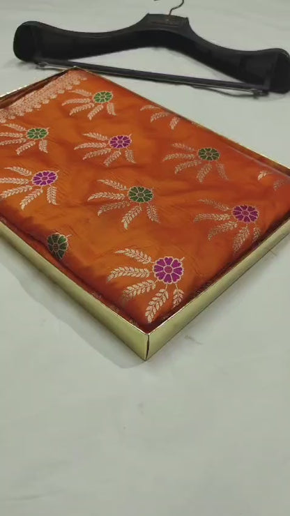 Orange Banarasi Silk Saree with Floral Zari Buta | Festive & Wedding Wear