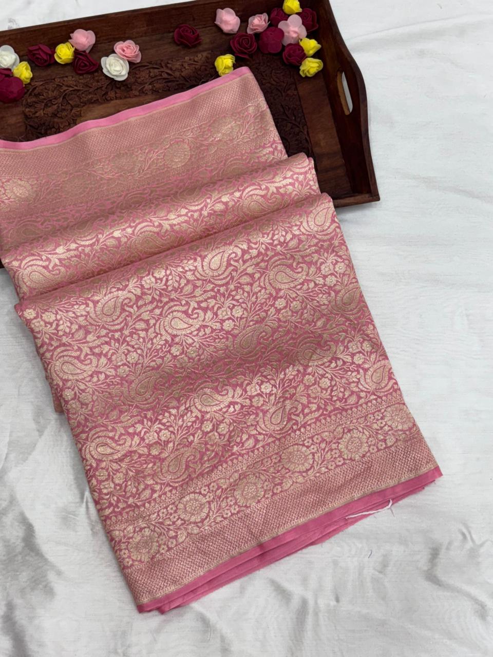 Pure Banarasi Khaddi Georgette Saree with All - Over Paisley Floral Weave - Salam Silk Sarees