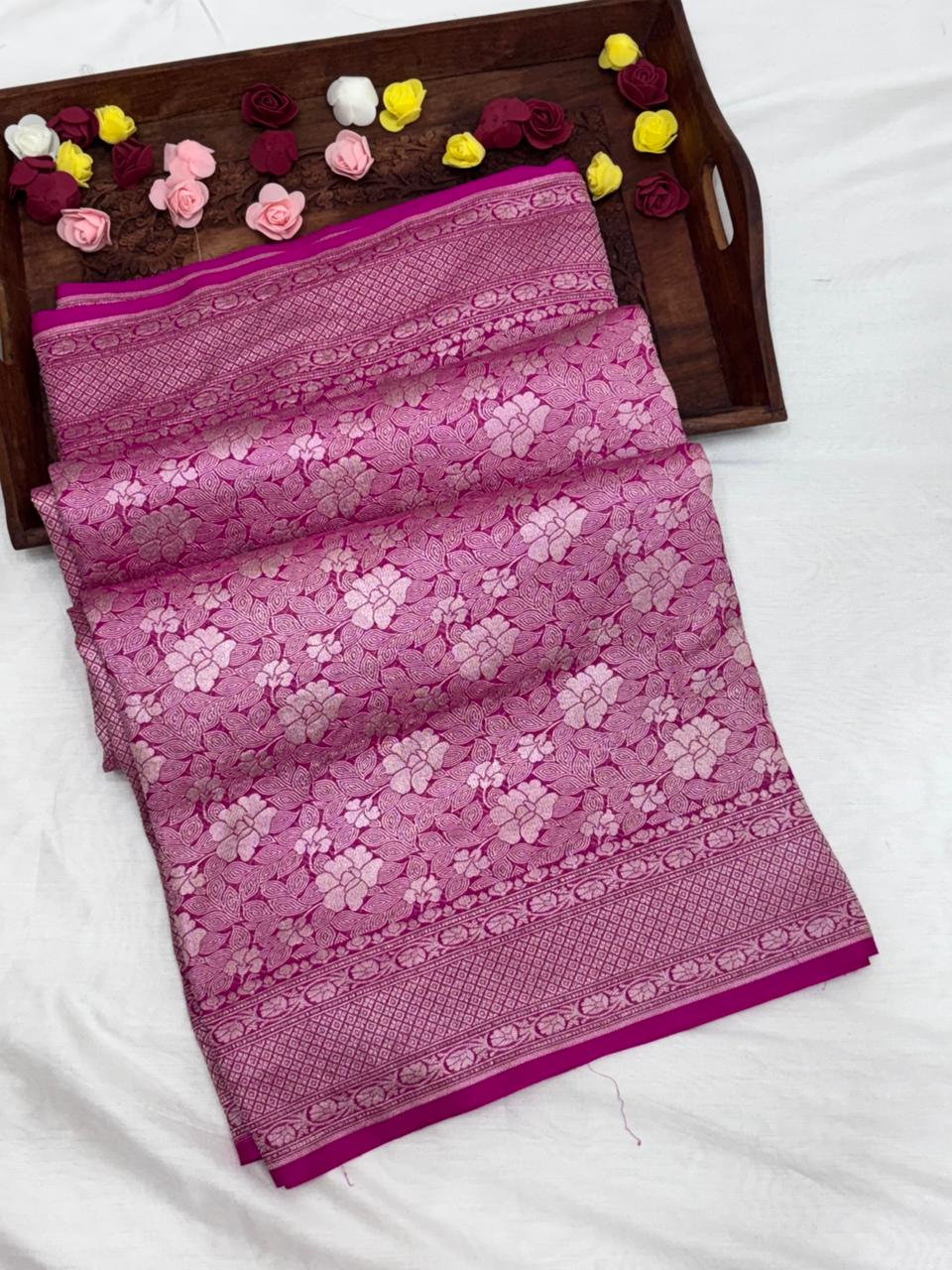 Pure Banarasi Khaddi Georgette Saree with Floral Weave and Rich Border - Salam Silk Sarees