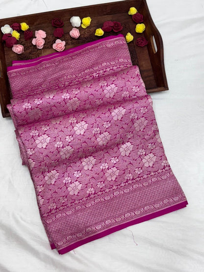 Pure Banarasi Khaddi Georgette Saree with Floral Weave and Rich Border - Salam Silk Sarees