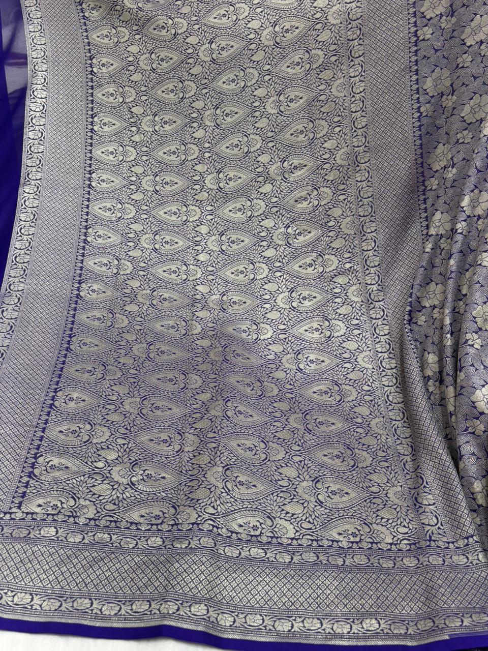 Pure Banarasi Khaddi Georgette Saree with Floral Weaving and Rich Border - Salam Silk Sarees