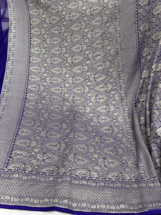 Pure Banarasi Khaddi Georgette Saree with Floral Weaving and Rich Border - Salam Silk Sarees