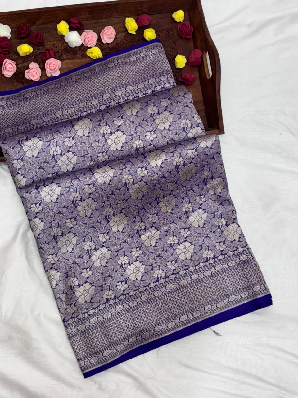 Pure Banarasi Khaddi Georgette Saree with Floral Weaving and Rich Border - Salam Silk Sarees