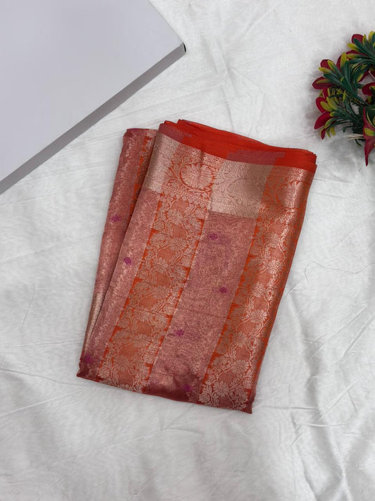Pure Banarasi Tissue Silk Stripe Saree with Floral Woven Border - Salam Silk Sarees