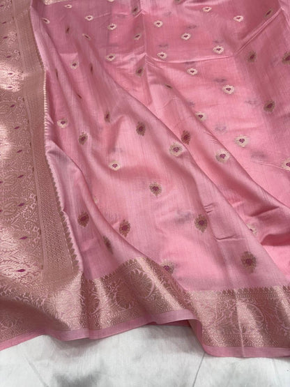 Pure Chiniya Silk Saree in Blush Pink with Delicate Booti Weaving - Salam Silk Sarees
