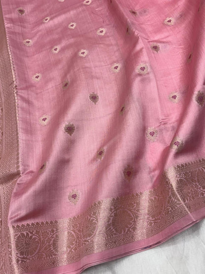 Pure Chiniya Silk Saree in Blush Pink with Delicate Booti Weaving - Salam Silk Sarees