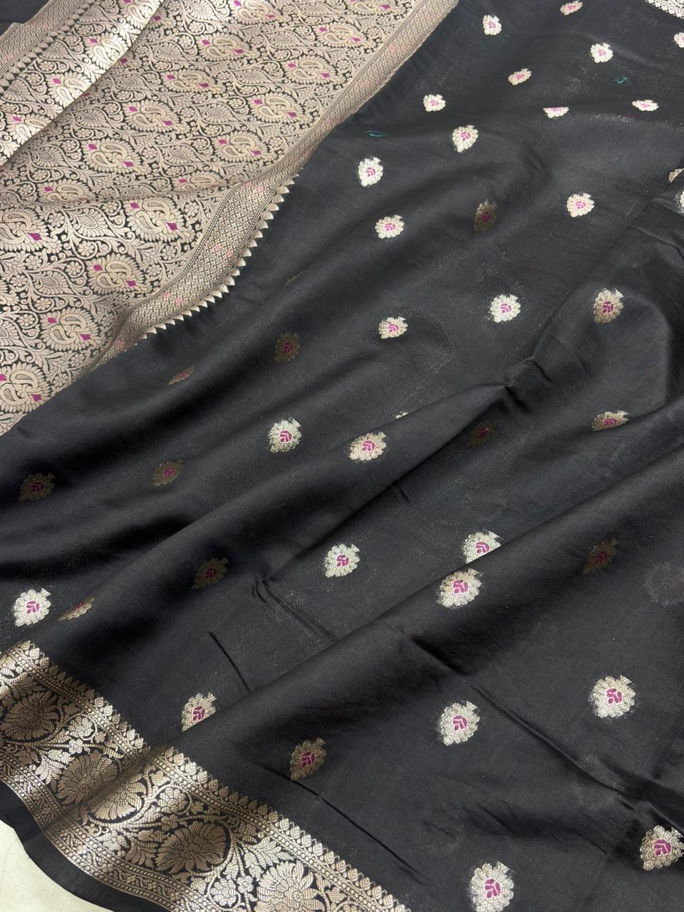 Pure Chiniya Silk Saree in Classic Black with Elegant Booti Weaving - Salam Silk Sarees