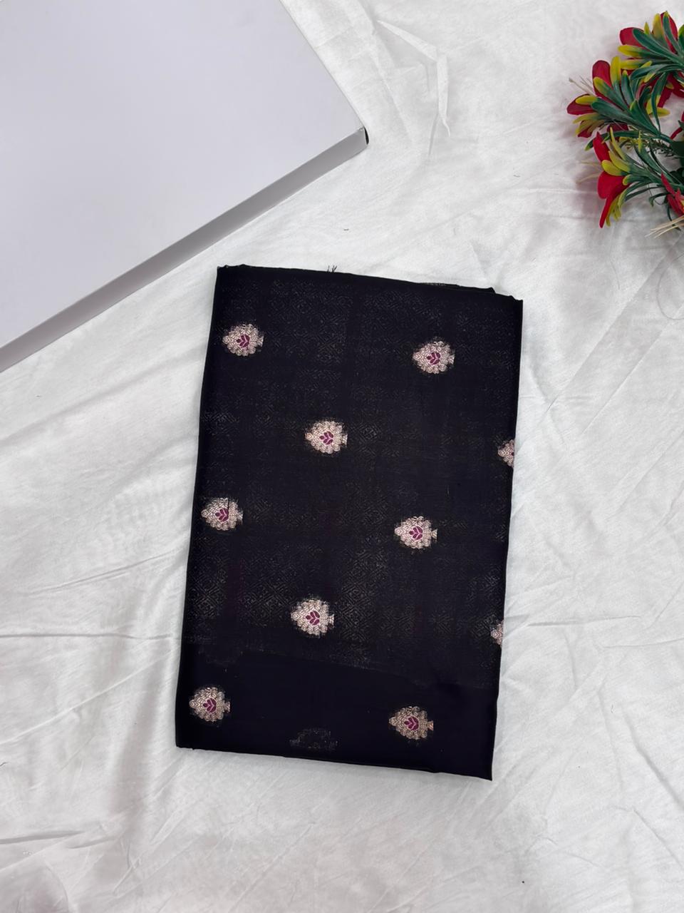 Pure Chiniya Silk Saree in Classic Black with Elegant Booti Weaving - Salam Silk Sarees