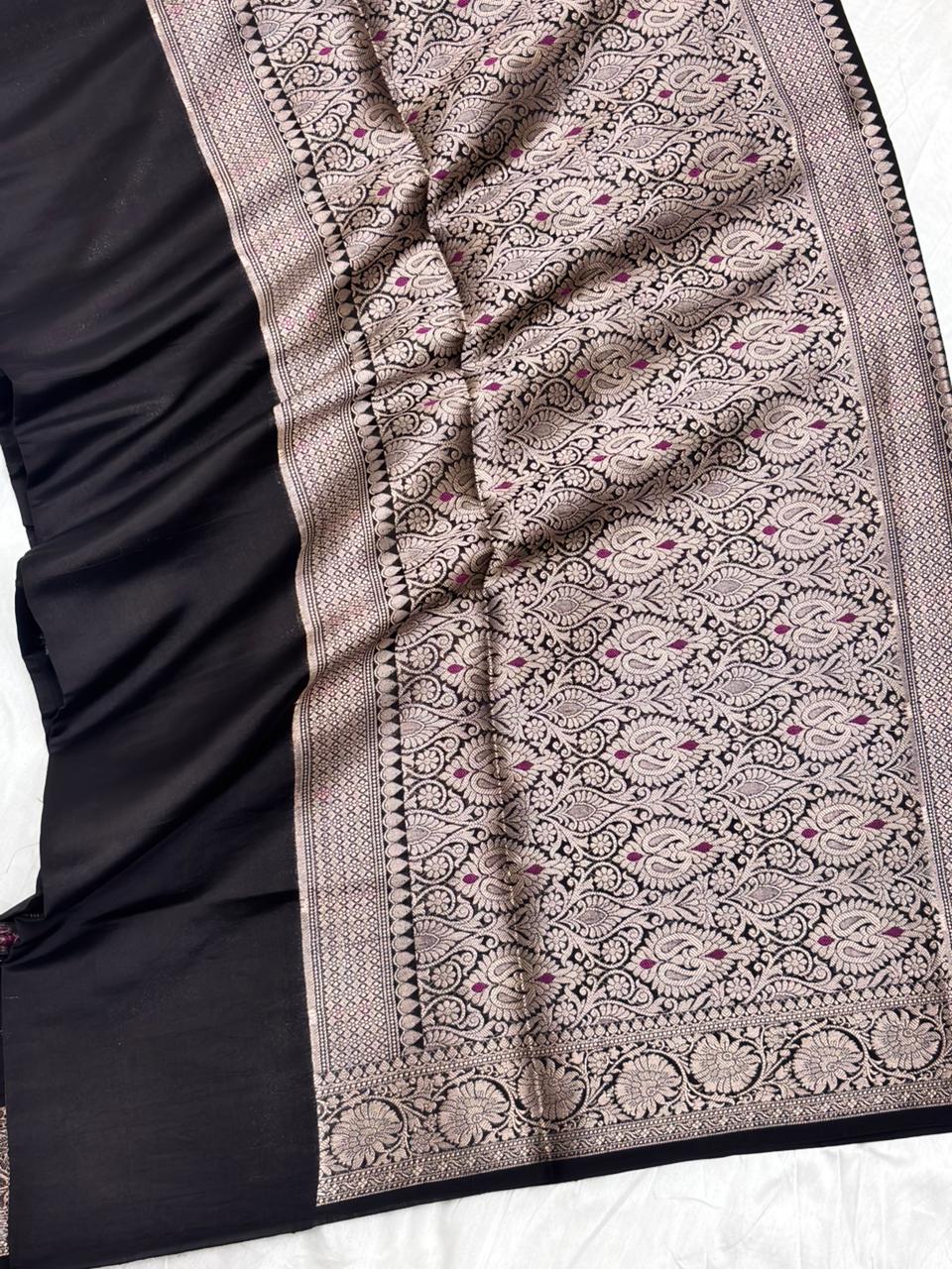 Pure Chiniya Silk Saree in Classic Black with Elegant Booti Weaving - Salam Silk Sarees